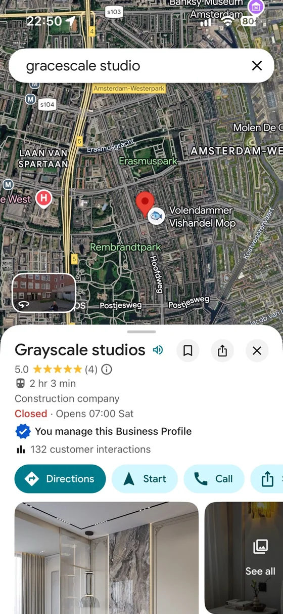 Карточка Grayscale Studios в Google Maps на телефоне